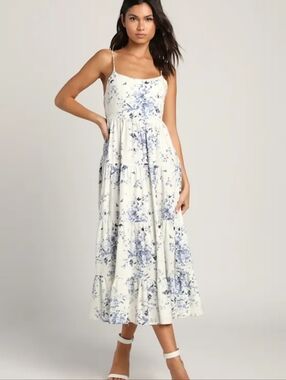 Floral Tiered Spaghetti-Strap Midi Dress in White and Blue